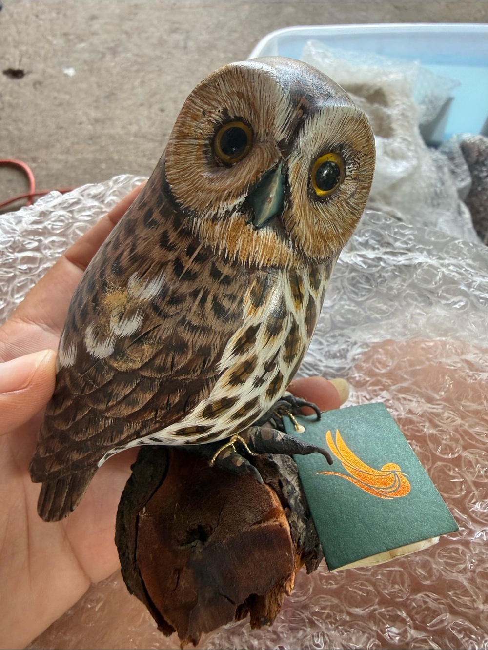 Hand-Painted Hand Wooded Owl Figurine in Brown and White